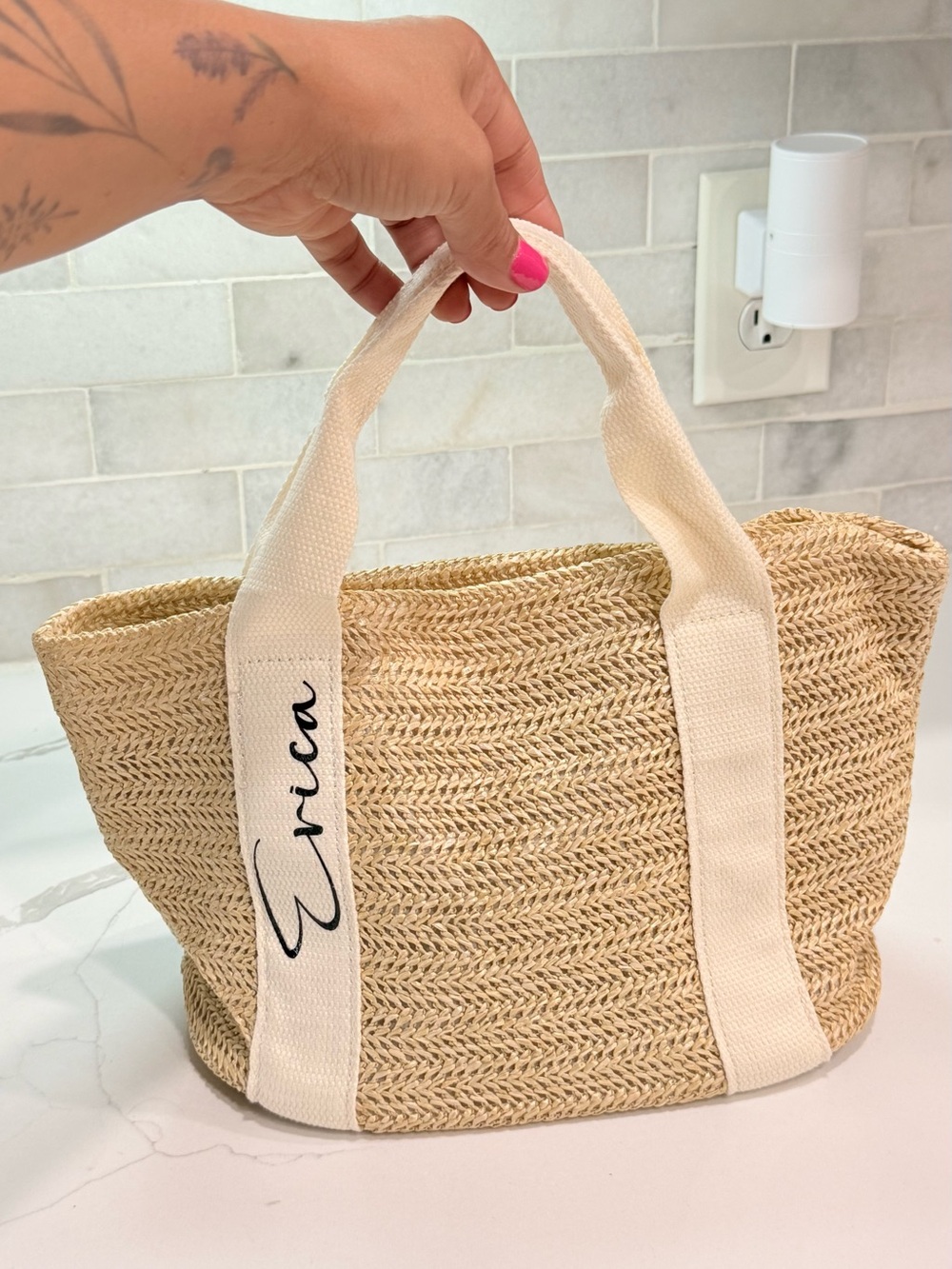 Woven Straw / Rattan Tote Bag with Canvas Straps “Erica”